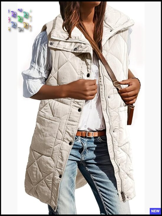 Jackets & Blazers - Long Puffer Vest Stand Collar Sleeveless Quilted Outerwear Lightweight Casual